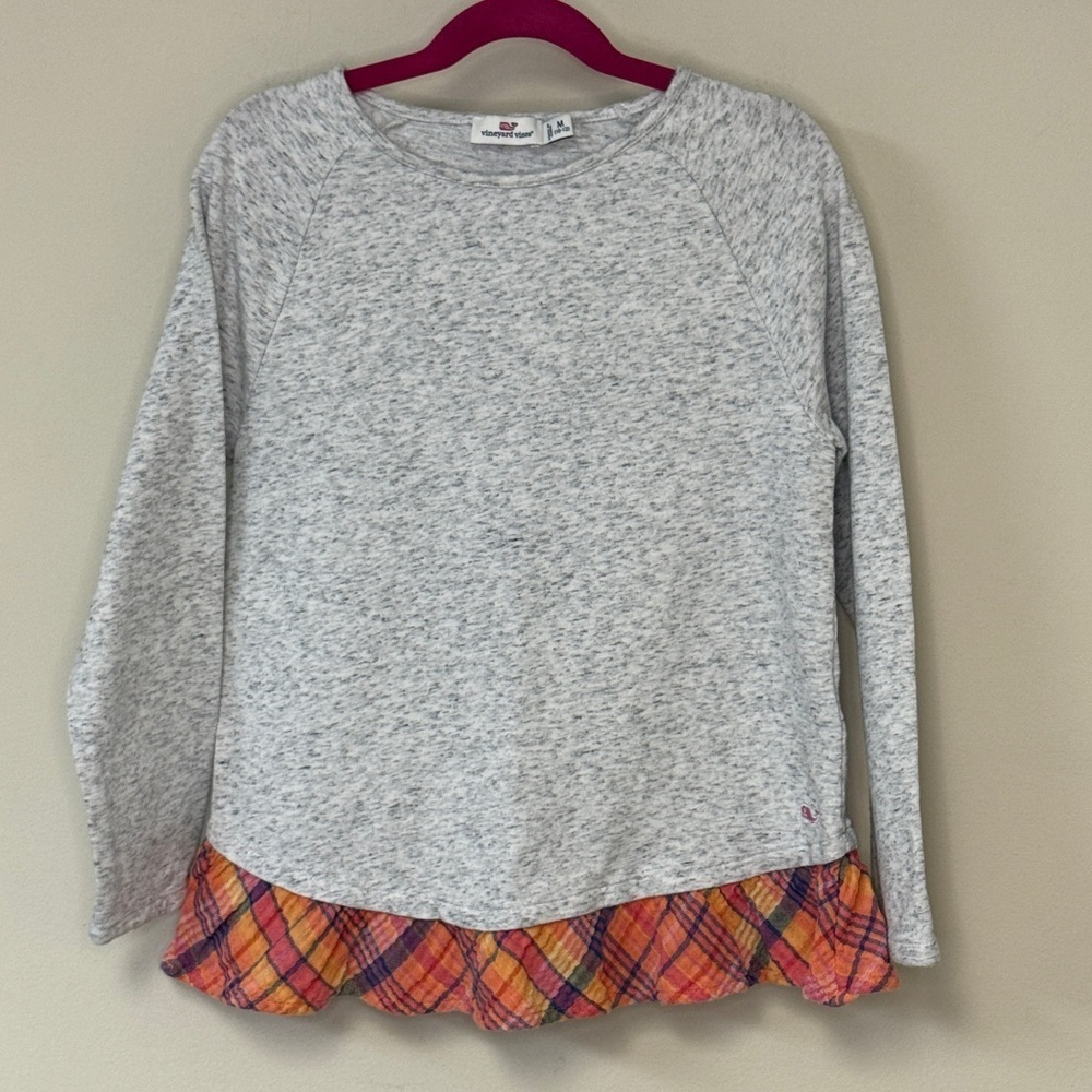 Vineyard Vines: Girls Gray Ruffle Plaid Long Sleeve Top, Size M(10-12)